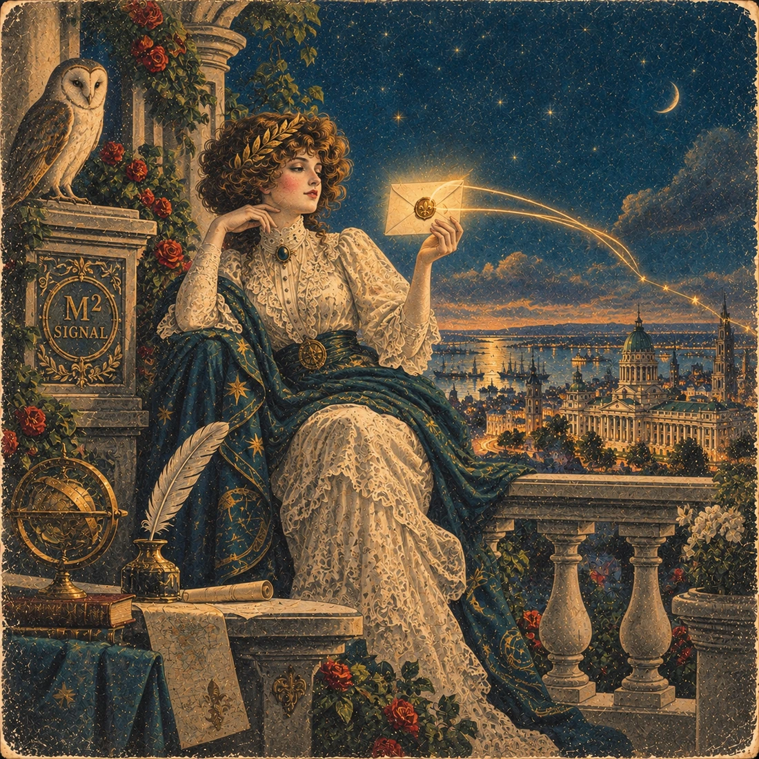 Ilustración de M2Signal: una mujer sostiene una carta luminosa sobre la ciudad.
