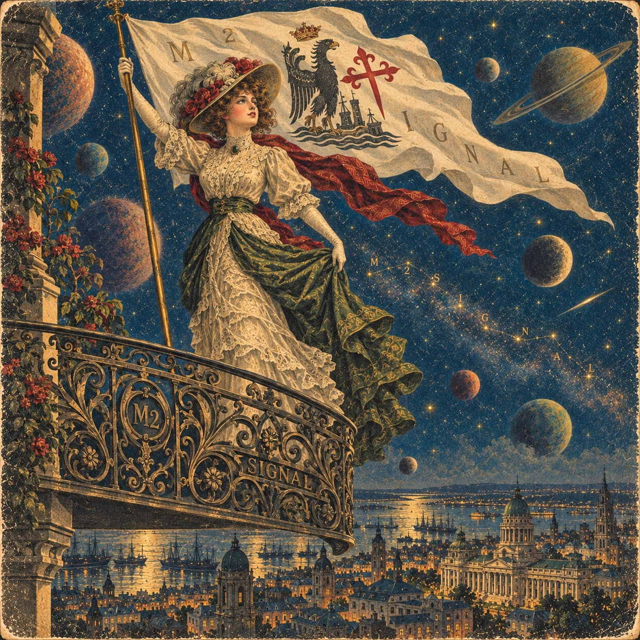 Ilustración de M2Signal: una mujer sostiene una bandera sobre la ciudad.